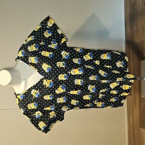 Minions Black Patterned Short Sleeves V Neck Scrub Top Used